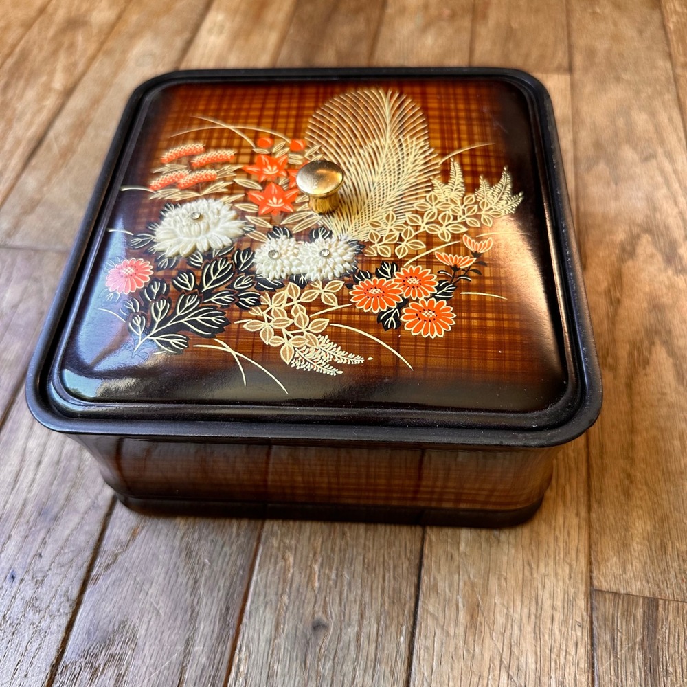 Vintage‎ Otagiri Jewelry Box Small Floral Lacquer Brown Dresser Decor